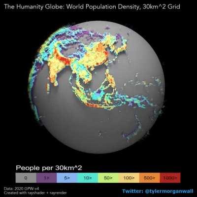 The Humanity Globe: World Population Density per 30km^2 [OC]