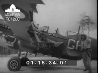 Flying Officer T.R. Jacklin with the damaged wing of his Curtiss P-40N-5 that made it more than 200 miles back to base after a direct hit by Japanese anti-aircraft fire on August 9th 1944