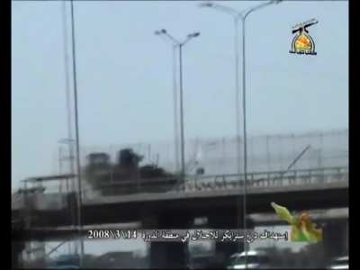 Kata'ib Hezbollah insurgents detonate EFP on American Stryker causing it to fall off a bridge during the Iraq war. Baghdad Dora area 3/14/2008