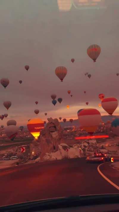 Driving up to the hot air balloons in Cappadocia, Turkey 