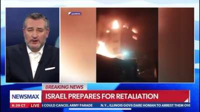Ted Cruz asks people to pray for Israel while video of the apartment Israel struck plays next to him