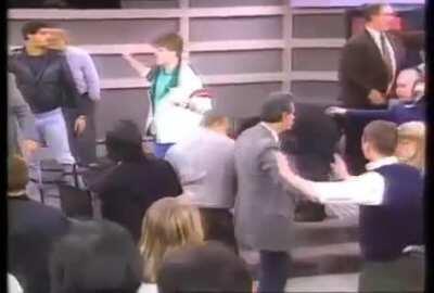 Geraldo Rivera gets his nose broken during a big brawl with skinheads in 1988