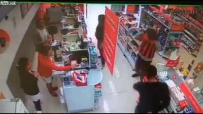 Robber pretends to be armed and gets arrested by a security guard also pretending to be armed