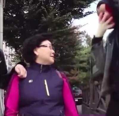 Poor guy just wanted to scare the lady with his Iron Man mask