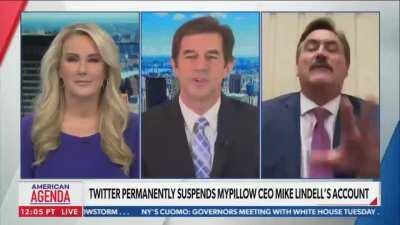 Mike Lindell, CEO of MyPillow, tries to continue spewing conspiracy theories about Dominion voting machines on Newsmax after Newsmax was served a billion dollar lawsuit by Dominion for spreading lies about their voting machines