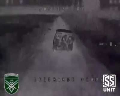 A Ukrainian FPV pilot of the 68th Jaeger Brigade attacks a Russian vehicle used as a troop transport during the night.
