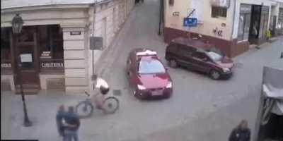 Cutting off a car creeping forward safely- I like to think he was also flipping off the driver before this happened.