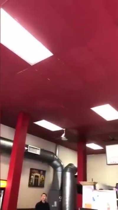 Lady falls through ceiling at a restaurant.