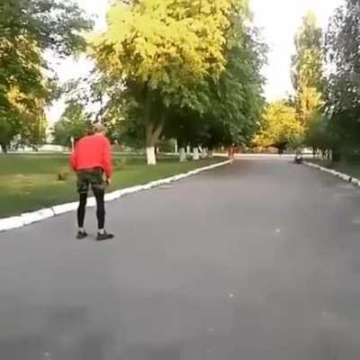 To jump over a moving scooter