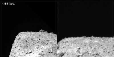 Japanese spacecraft Hayabusa2 shooting a cannon at an asteroid. The impact created a 17m-wide artificial crater on the surface. Spacecraft later descended into the crater and grabbed 