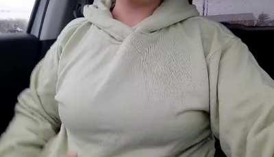 Being sneaky and flashing my tits in the parking lot outside my gym