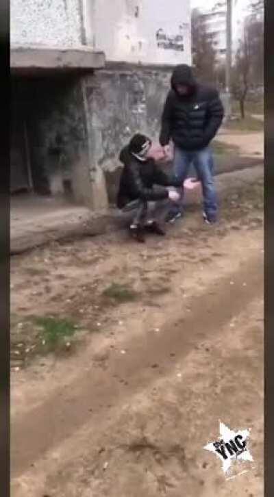 Cunt kicks a woman in the head. Karma catches up with him.