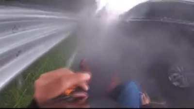 Bikers helping someone who was in an accident on the side of the road become involved in an accident themselves