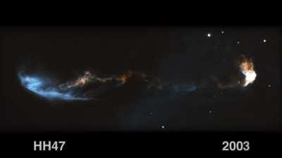 Herbig Haro 46/47, a jet from a young star, flying outwards in a beautiful lightshow during a period of 14 years. [Source: NASA]