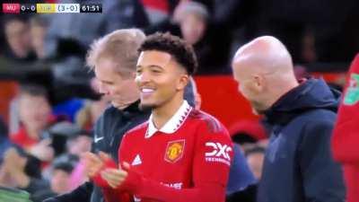 Wonderful Old Trafford reaction to the return to action of Jadon Sancho, who is all smiles with ETH