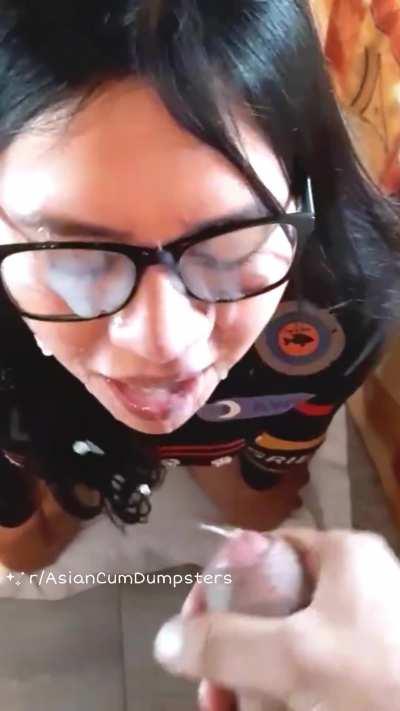 Asian Brunette in Glasses gets covered by thick & ropey massive facial 🔥🔥🔥