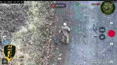 Another Russian soldier heard or saw Ukrainian FPV drones flying around and decided to freeze in place in the hope that nobody would notice him. 