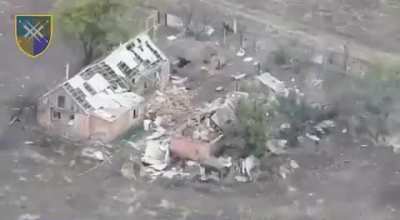 A russian assault to capture two buildings is crushed by artillery, drones and a Ukrainian tank. 17th Army Corps, Zaporizhzhia Front. October 2025.