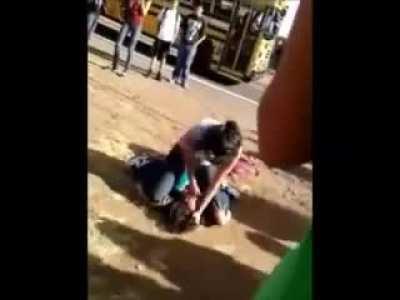 Pinned and helpless against face punches in front of a crowd.