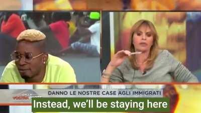 Highest moment of Italian television: Mussolini (Alessandra, niece) has a mental breakdown against a migrant that made a song called 