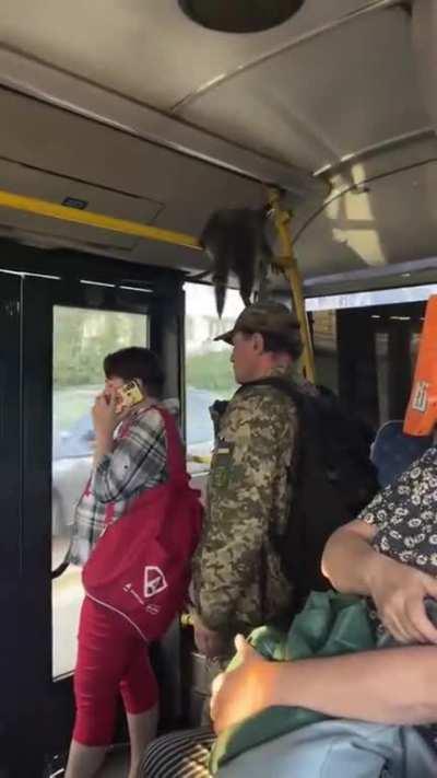 Ukrainian Defender and his racoon on a bus. Just a regular Tuesday in Ukraine