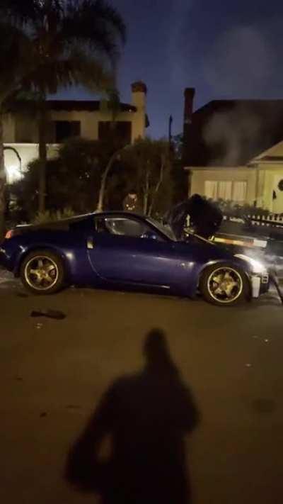 Was having dinner when this kid rammed into the parked trailer outside my Uncles’ house in San Diego. ‘My wheels slipped’.