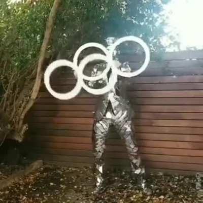A street performer practicing his awesome routine