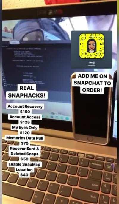 contact @naequality on snapchat to order hacks for social media's like snapchat, instagram, tiktok, onlyfans , twtter , facebook & more! Hit The Telegram Group Link In Comments!