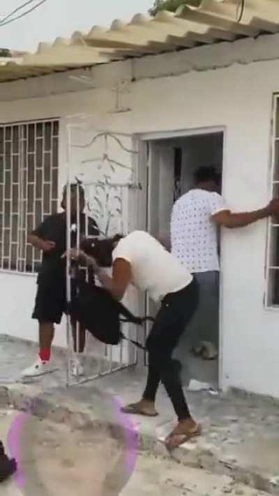 Woman tries to hit people with backpack, Karma says nope