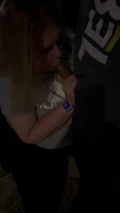 Sucked my friends dick in a public parking lot for the first time while he was working. Even made my husband film it too. First time really playing outside in public. 