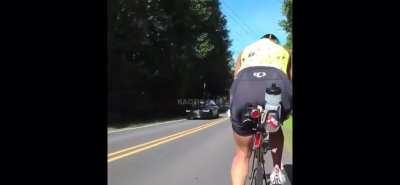 Cyclist narrowly avoids being pulverized by a flying deer that was hit by a car. There were no injuries in this. Can’t say the same for the deer though.