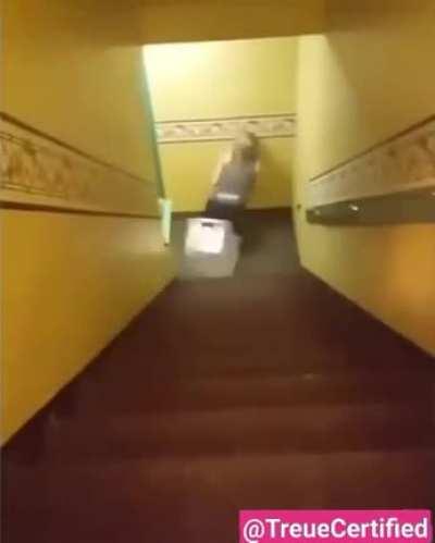 Sliding down the stairs in a plastic box