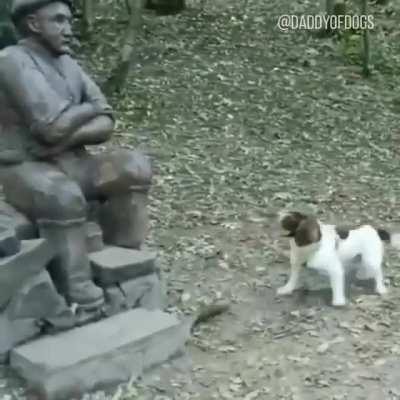 The dog is trying to play with the Statue