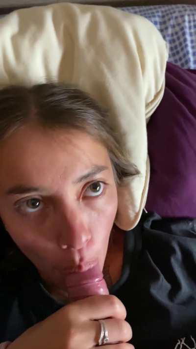 Amateur with pigtails swallows cum POV