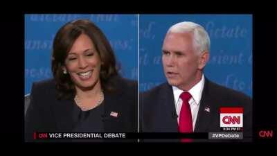 Watch senator Harris die inside as Vice President Pence keeps interrupting her.