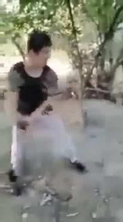 Throws a bomb into a river