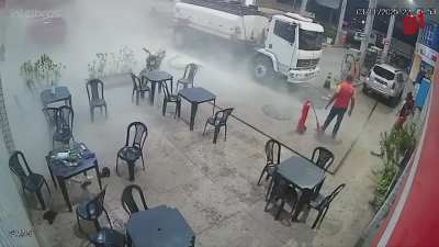 Lighting a cigarette at a gas station?