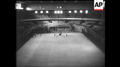Focke-Wulf Fw 61 demonstrated by Hanna Reitsch indoors at the Deutschlandhalle sports stadium in February 1938