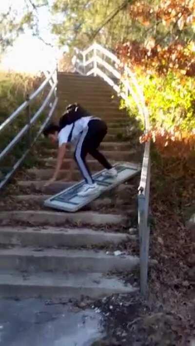 Surfing stairs on a folded table