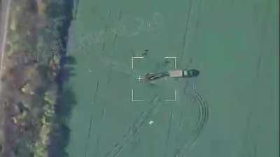 Russian Lancet drone hitting Ukrainian artillery position - allegedly FH-70 artillery . 2022 ( Music from source)