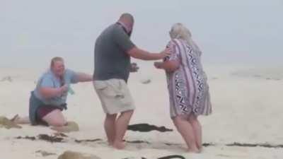 Fat women falls during proposal