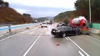 Man's life flashes before his eyes as cars skidding on black ice fly past him like bullets