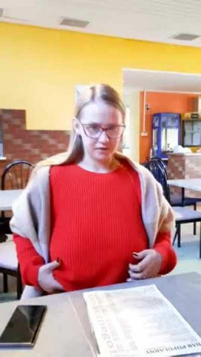 Mr. cook probably realized that he wanted to show and record my big tits and went to the kitchen to the back. heh