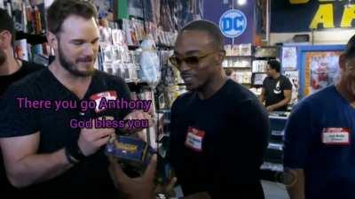 Anthony Mackie Shouting ebayy after getting a signed figure from Chris pratt
