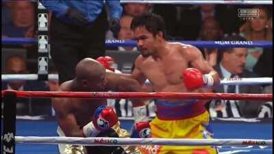 Pacquiao counters Mayweather's jab with his signature split-entry counter