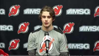 Jack Hughes laughing at himself saying 