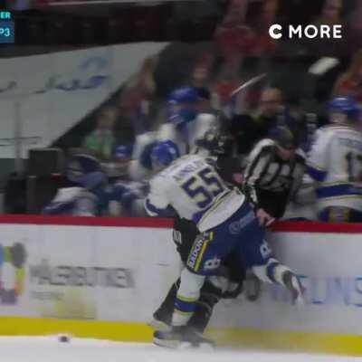 Never seen the ref hit into the bench before.