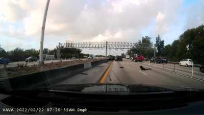 Tailgater decides a quick lane change without looking is a great idea.
