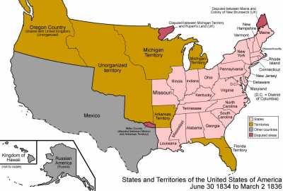 Map of the United States from the Colonial era to the present day.