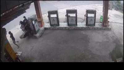 Motorcyclist Gets Hit From Behind by Another Rider While Refueling